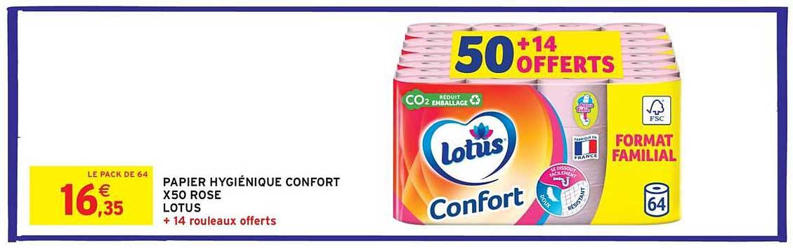PAPIER HYGIÉNIQUE CONFORT X50 ROSE LOTUS + 14 rouleaux offerts