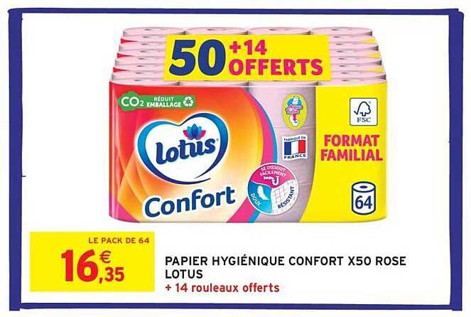 PAPIER HYGIÉNIQUE CONFORT X50 ROSE LOTUS + 14 rouleaux offerts