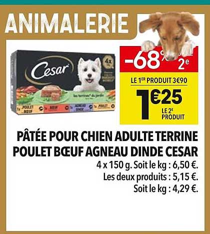 Pâtée pour chien adulte terrine poulet bœuf agneau dinde Cesar