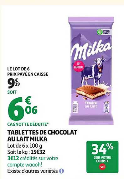 TABLETTES DE CHOCOLAT AU LAIT MILKA