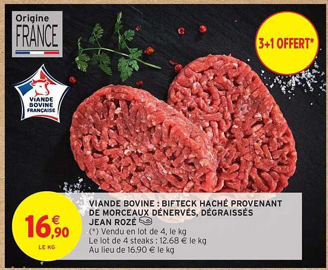 VIANDE BOVINE : BIFTECK HACHÉ PROVENANT DE MORCEAUX DÉNERVÉS, DÉGRAISSÉS JEAN ROZÉ