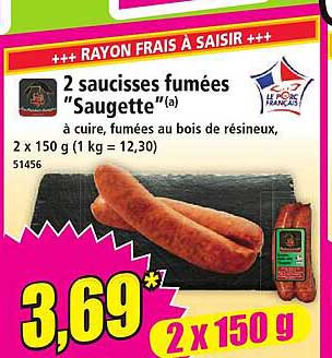 2 saucisses fumées "Saugette"(a) à cuire, fumées au bois de résineux,