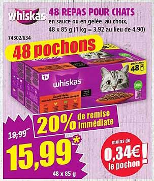 48 REPAS POUR CHATS en sauce ou en gelée au choix, 48 x 85 g (1 kg = 3,92 au lieu de 4,90)