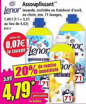 Assouplissant** Lenor lavande, orchidée ou fraîcheur d’avril, au choix, env. 71 lavages, 1,49 l (1 l = 3,21 au lieu de 4,02)