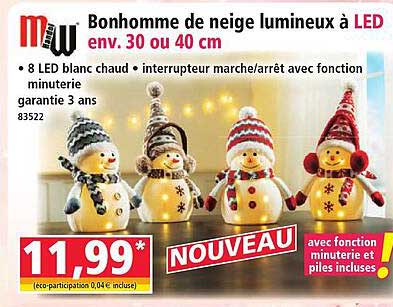 Bonhomme de neige lumineux à LED env. 30 ou 40 cm
