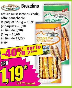 Brezelino nature ou sésame au choix, offre panachable le paquet 150 g = 1,99* (2 paquets = 3,18 au lieu de 3,98) (1 kg = 10,60 au lieu de 13,27) 68150