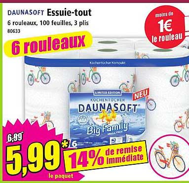 DAUNASOFT Essuie-tout 6 rouleaux, 100 feuilles, 3 plis 80633