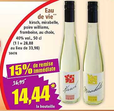 Eau de vie** kirsch, mirabelle, poire williams, framboise, au choix, 40% vol., 50 cl