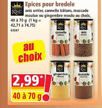 Epices pour bredele anis entier, cannelle bâtons, muscade moulue ou gingembre moulu au choix,