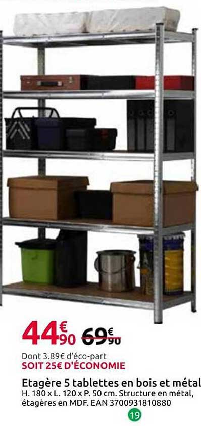 Etagère 5 tablettes en bois et métal