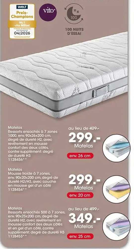 Matelas ressorts ensachés à 7 zones, env. 90x26x200 cm, degré de dureté H2, avec revêtement en mousse, confort des deux côtés, contre supplément: degré de dureté H3