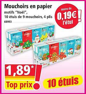 Mouchoirs en papier motifs “Noël”, 10 étuis de 9 mouchoirs, 4 plis
