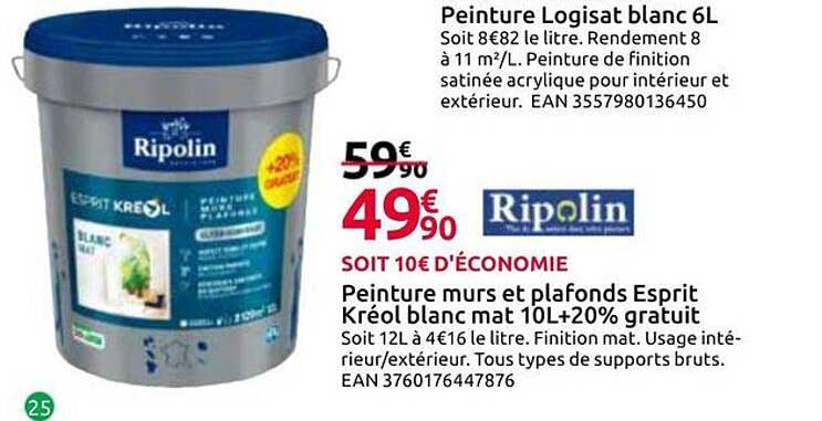 Peinture murs et plafonds Esprit Kréol blanc mat 10L+20% gratuit