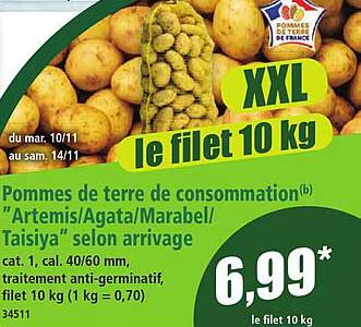 Pommes de terre de consommation "Artemis/Agata/Marabel/Taisiya" selon arrivage, cat. 1, cal. 40/60 mm, traitement anti-germinatif, filet 10 kg (1 kg = 0,70)