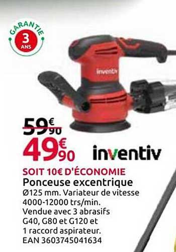 Ponceuse excentrique Ø125 mm. Variateur de vitesse 4000-12000 trs/min. Vendue avec 3 abrasifs G40, G80 et G120 et 1 raccord aspirateur.