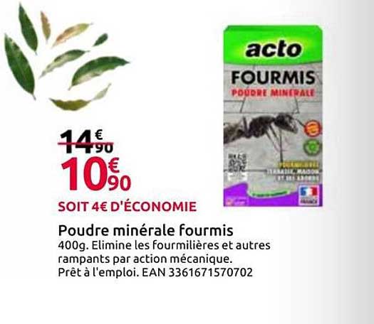 Poudre minérale fourmis 400g. Elimine les fourmilières et autres rampants par action mécanique. Prêt à l'emploi. EAN 3361671570702