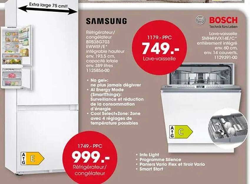Réfrigérateur/congélateur BRB38G703 FWWEF/ES : intégrable hauteur env. 193,5 cm, capacité totale env. 389 litres