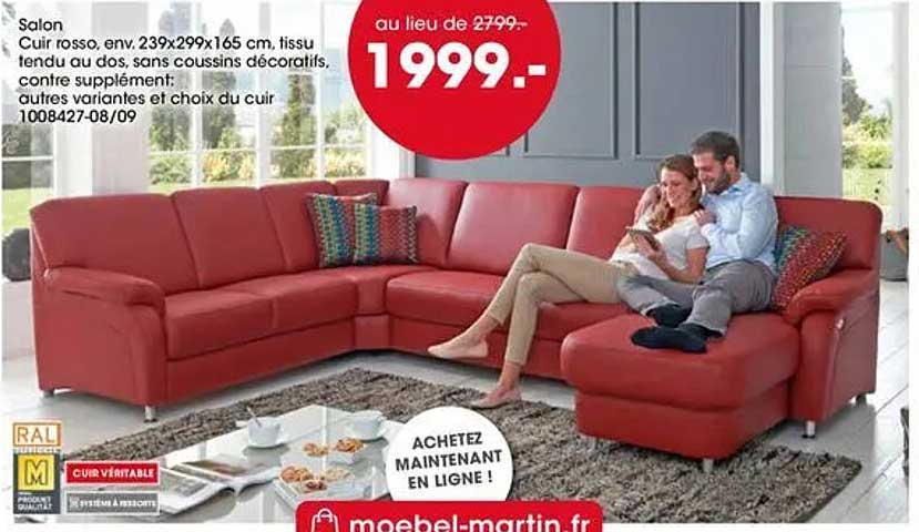Salon Cuir rosso, env. 239×299×165 cm, tissu tendu au dos, sans coussins décoratifs, contre supplément: autres variantes et choix du cuir 1008427-08/09