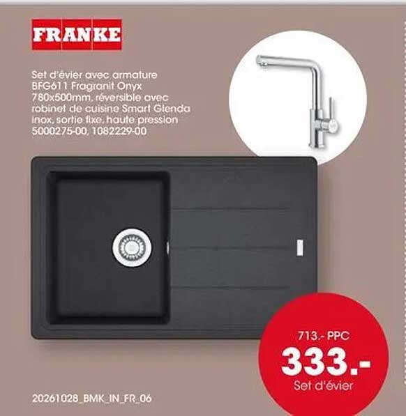 Set d'évier avec armature BFG611 Fragranit Onyx 780x500mm, réversible avec robinet de cuisine Smart Glenda inox, sortie fixe, haute pression 5000275-00, 1082229-00