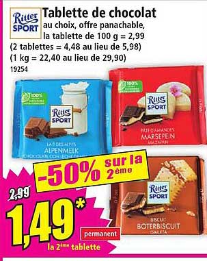 Tablette de chocolat au choix, offre panachable, la tablette de 100 g = 2,99