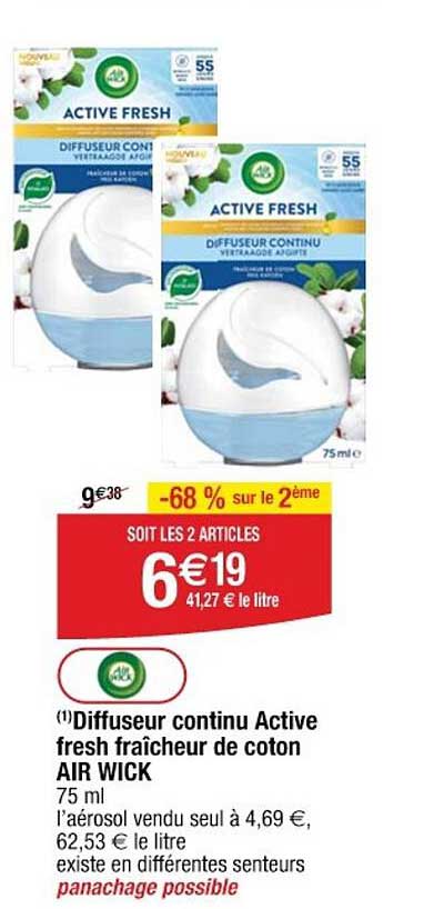 Diffiseur continu Active fresh fraîcheur de coton AIR WICK