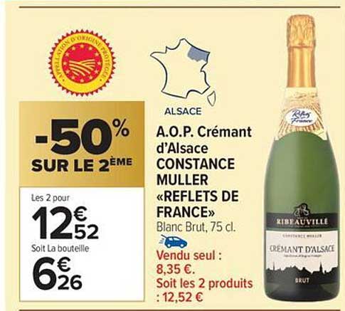A.O.P. Crémant d'Alsace CONSTANCE MULLER « REFLETS DE FRANCE » Blanc Brut, 75 cl.