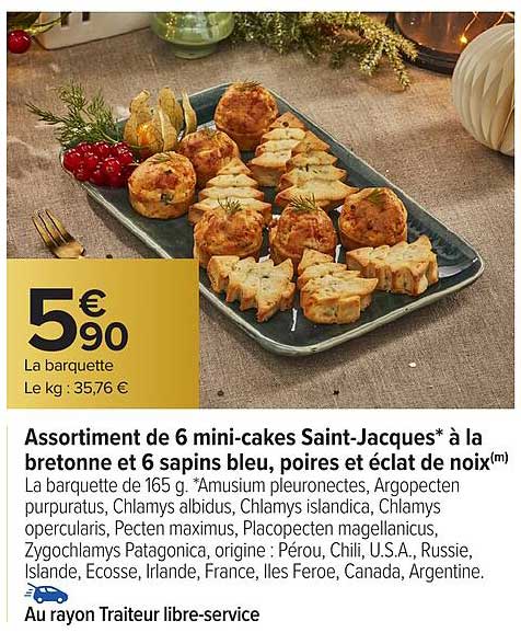 Assortiment de 6 mini-cakes Saint-Jacques* à la bretonne et 6 sapins bleu, poires et éclat de noix