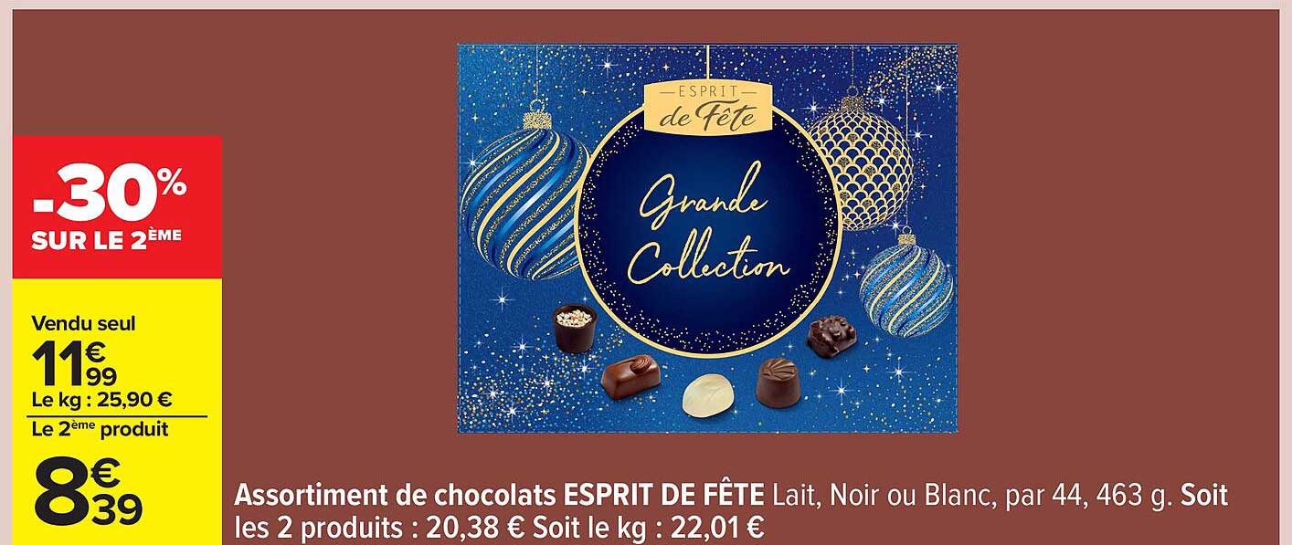 Assortiment de chocolats ESPRIT DE FÊTE Lait, Noir ou Blanc, par 44, 463 g