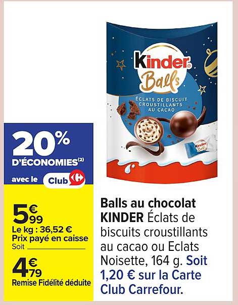 Balls au chocolat KINDER Éclats de biscuits croustillants au cacao ou Éclats Noisette, 164 g