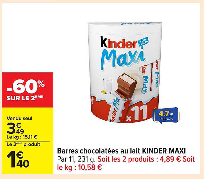 Barres chocolatées au lait KINDER MAXI