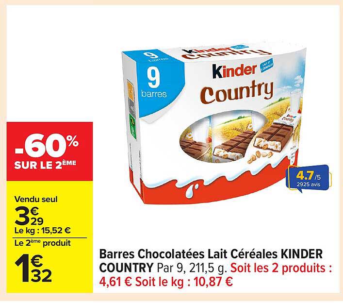 Barres Chocolatées Lait Céréales KINDER COUNTRY