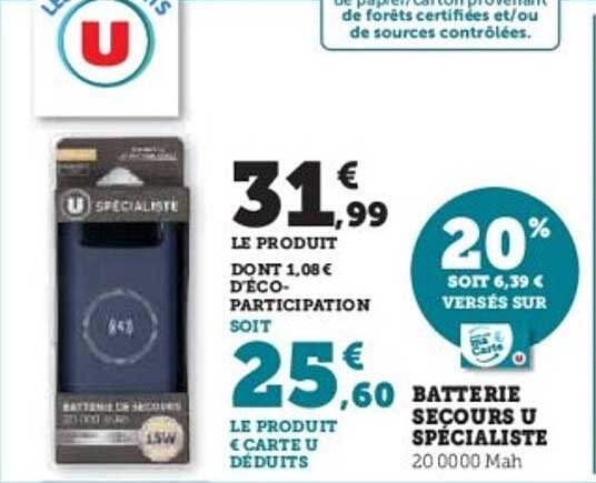 Batterie Secours U Spécialiste 20 000 Mah
