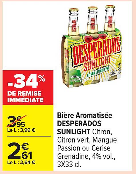 Bière Aromatisée DESPERADOS SUNLIGHT Citron, Citron vert, Mangue Passion ou Cerise Grenadine, 4% vol., 3X33 cl.