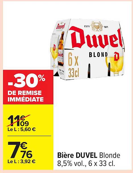 Bière DUVEL Blonde 8,5% vol., 6 x 33 cl.