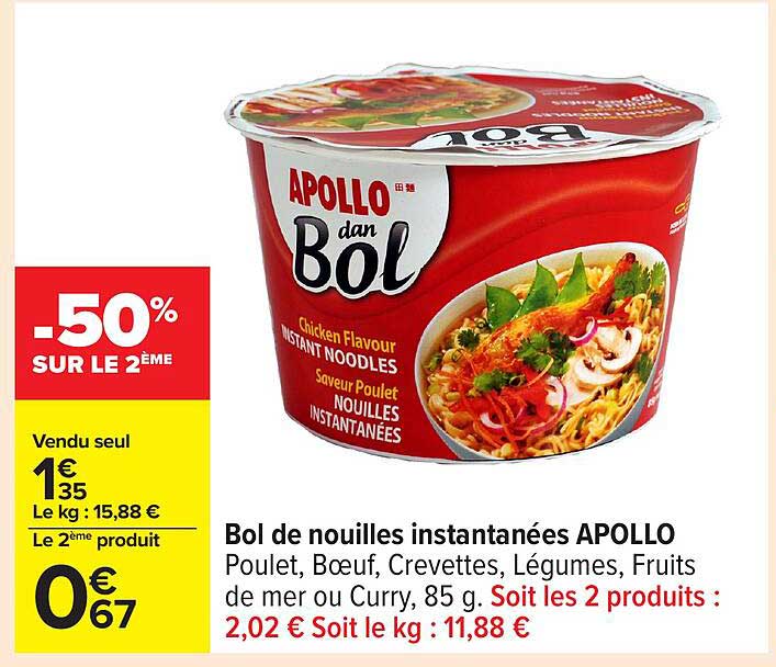 Bol de nouilles instantanées APOLLO Poulet, Bœuf, Crevettes, Légumes, Fruits de mer ou Curry, 85 g.