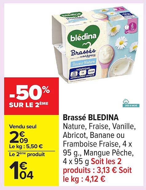 Brassé BLEDINA Nature, Fraise, Vanille, Abricot, Banane ou Framboise Fraise, 4 x 95 g