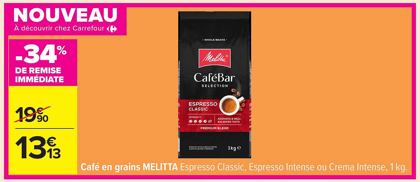 Café en grains MELITTA Espresso Classic, Espresso Intense ou Crema Intense, 1 kg.