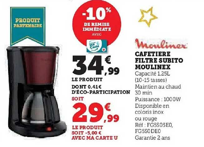 CAFETIÈRE FILTRE SUBITO MOULINEX