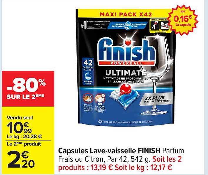 Capsules Lave-vaisselle FINISH Parfum Frais ou Citron