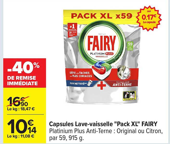 Capsules Lave-vaisselle "Pack XL" FAIRY Platinium Plus Anti-Terne : Original ou Citron