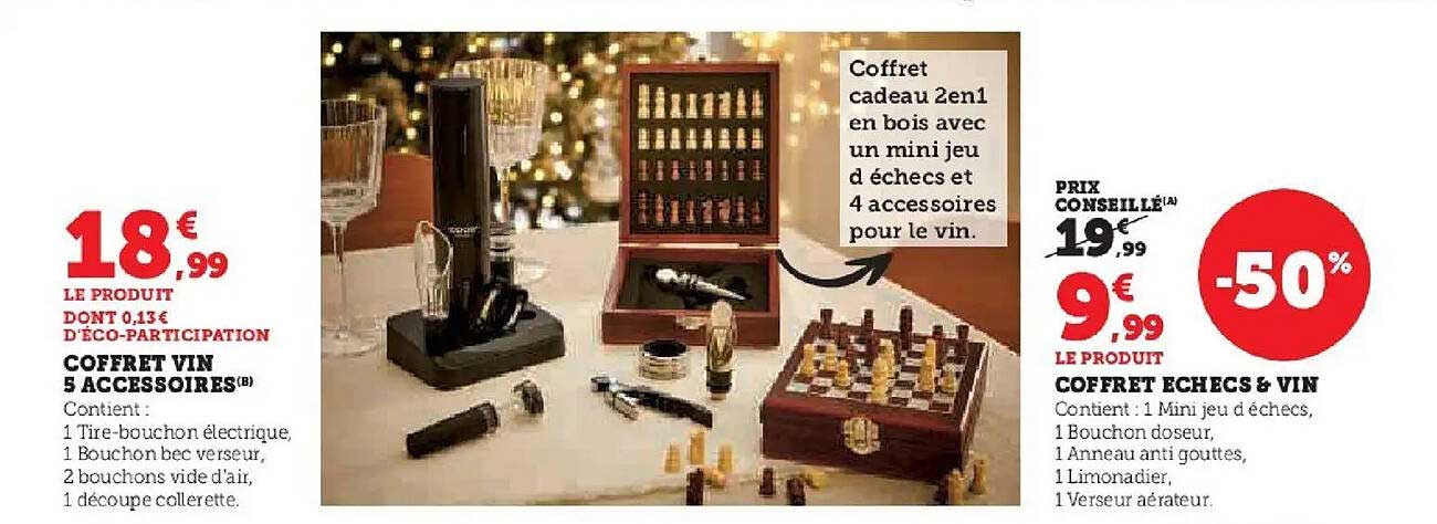 Coffret cadeau 2 en 1 en bois avec un mini jeu d'échecs et 4 accessoires pour le vin.