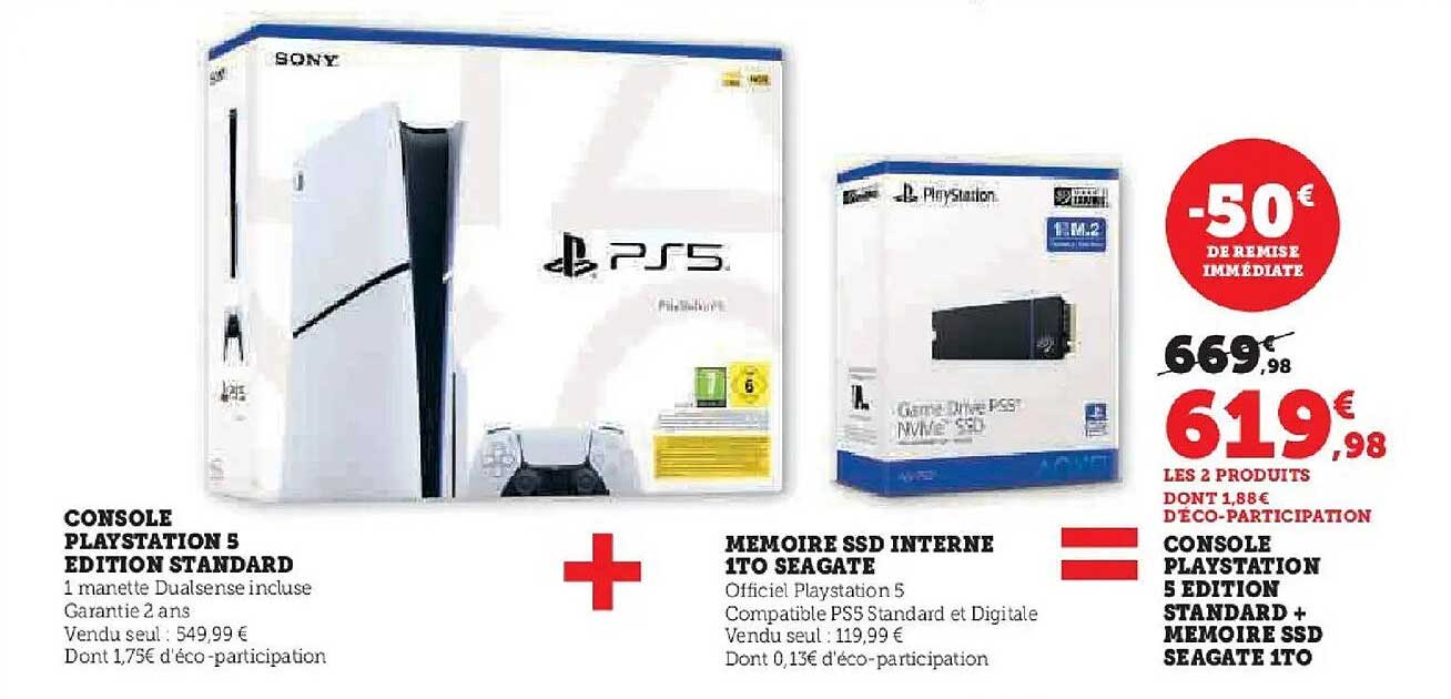 CONSOLE PLAYSTATION 5 EDITION STANDARD + MEMOIRE SSD INTERNE 1TO SEAGATE