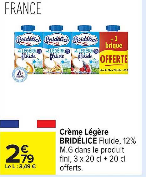Crème Légère BRIDÉLICE Fluide, 12% M.G dans le produit fini, 3 x 20 cl + 20 cl offerts