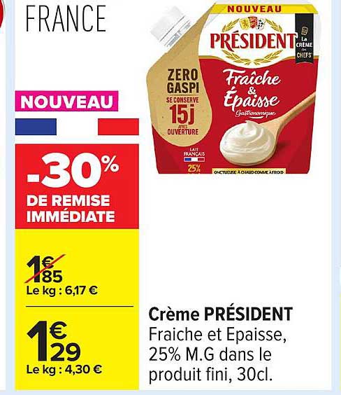 Crème PRÉSIDENT Fraîche et Épaisse, 25% M.G dans le produit fini, 30cl