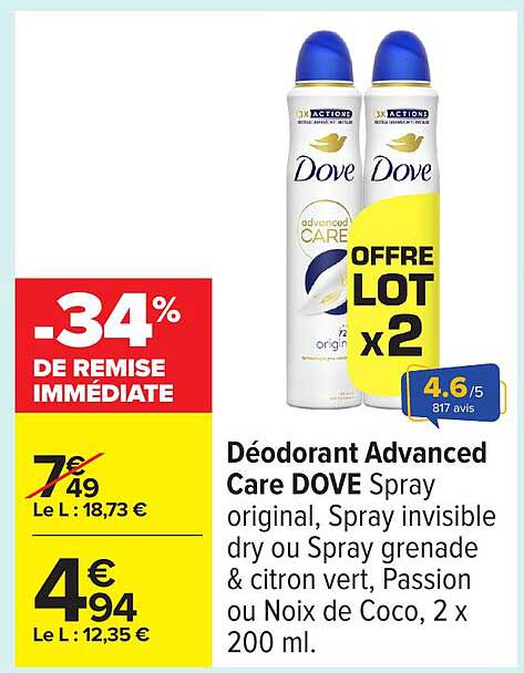 Déodorant Advanced Care DOVE Spray original, Spray invisible dry ou Spray grenade & citron vert, Passion ou Noix de Coco, 2 x 200 ml