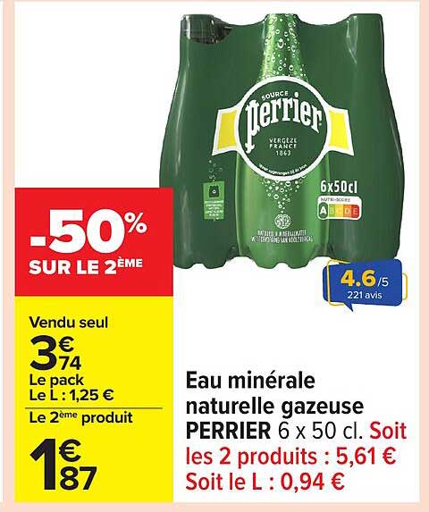 Eau minérale naturelle gazeuse PERRIER 6 x 50 cl.