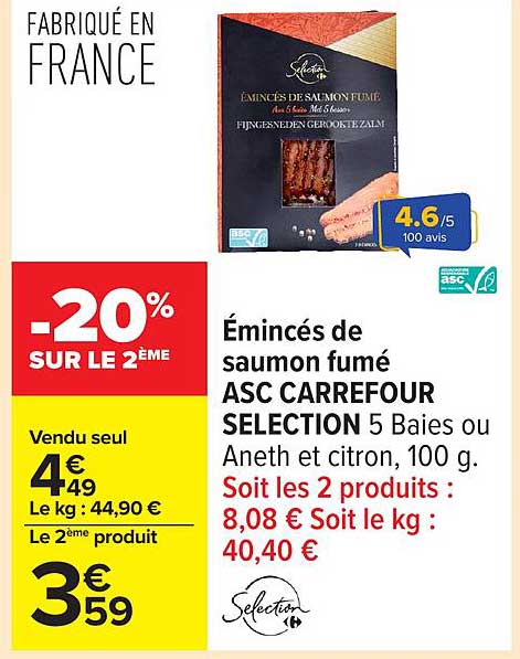 Émincés de saumon fumé ASC CARREFOUR SELECTION 5 Baies ou Aneth et citron, 100 g.