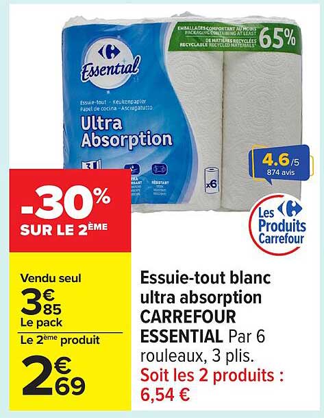 Essuie-tout blanc ultra absorption CARREFOUR ESSENTIAL
