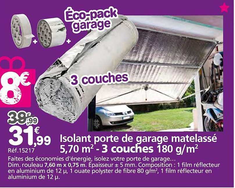 Isolant porte de garage matelassé 5,70 m² - 3 couches 180 g/m²