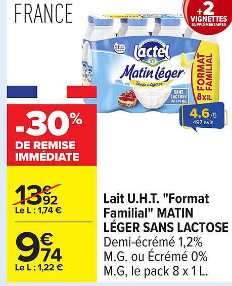 Lait U.H.T "Format Familial" Matin Léger Sans Lactose